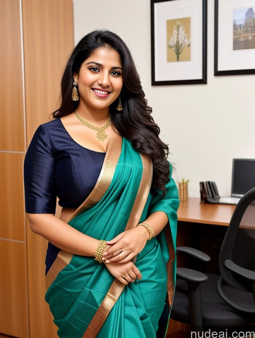 ai nude image of smiling woman in a green sari standing in an office pics of Woman One Chubby 20s Happy Black Hair Long Hair Indian Office Front View Casual Sari Cleavage