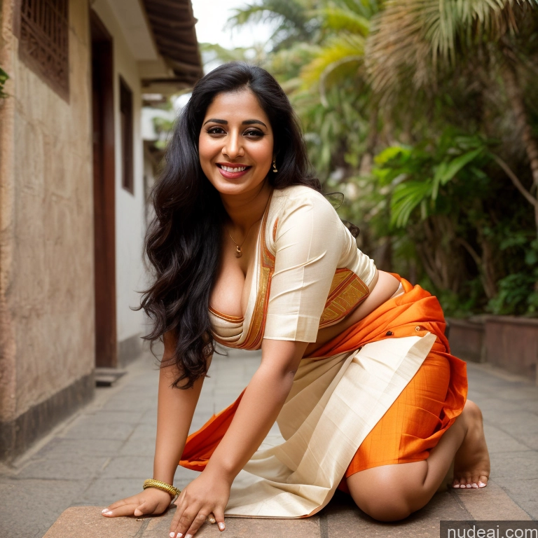 ai nude image of smiling woman in orange and white sari kneeling on the ground pics of Woman One 20s Happy Black Hair Long Hair Indian Front View Casual Sari Cleavage Busty