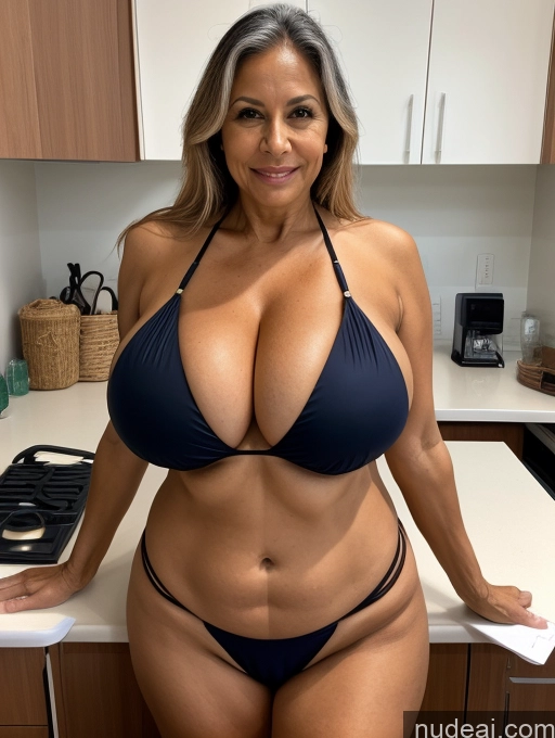 ai nude image of arafed woman in a bikini posing in a kitchen pics of Milf 70s One Busty Huge Boobs Tanned Skin Front View Microkini Thong Brazilian Lab Coat Professor