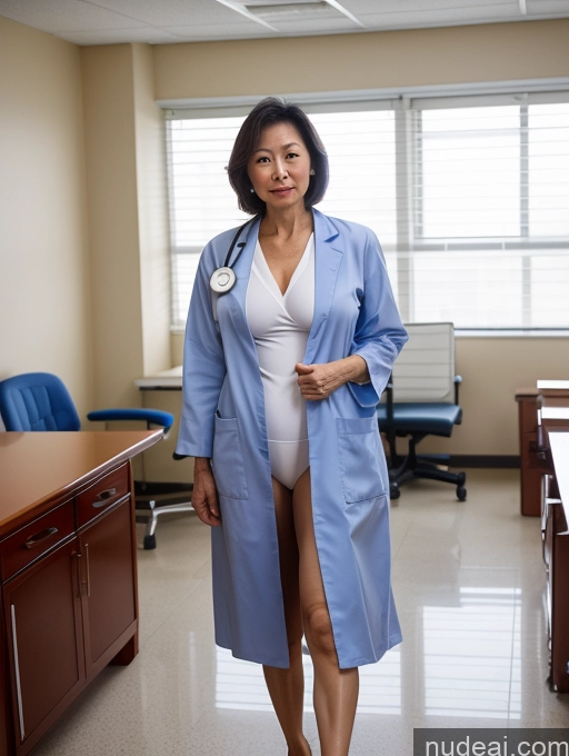 ai nude image of pregnant woman in a blue coat and white top standing in a hospital room pics of Milf Perfect Boobs Perfect Body 60s Bobcut Chinese Hospital Doctor Lab Coat Panties Cleavage Partially Nude