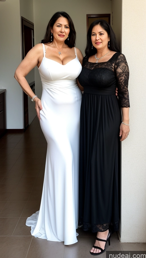 ai nude image of two women in formal dresses posing for a picture in a hallway pics of Milf Busty Big Ass Big Hips Fairer Skin Pubic Hair Black Hair 60s Dress Long Hair Indonesian