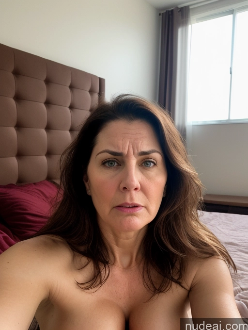 ai nude image of there is a woman with a very big breast sitting on a bed pics of Milf Bedroom Bright Lighting Beautiful Perfect Body Big Ass Fairer Skin Sad Shocked Long Hair On Back Angry Face Mask Nude Perfect Boobs