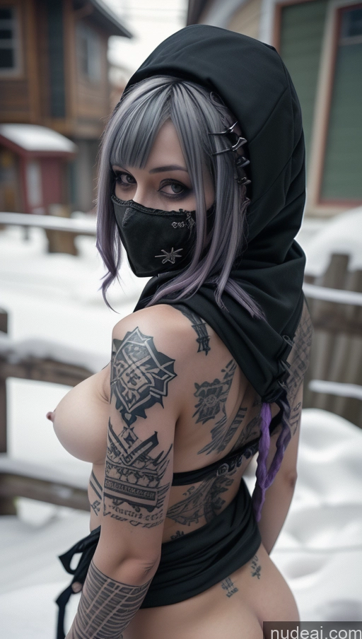 ai nude image of arafed woman with tattoos and a hood on her head pics of Milf Perfect Boobs Tattoos Gothic Punk Girl Snow Close-up View Fallout Straddling Cultist Hood Nude Face Mask Purple Hair Partially Nude