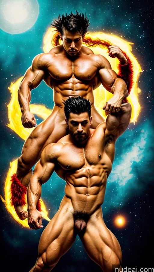 ai nude image of a close up of a man holding a fire ball with a man on his back pics of Several Surrealist Hell Bright Lighting Bodybuilder Abs Muscular Perfect Body Busty Powering Up Super Saiyan 4