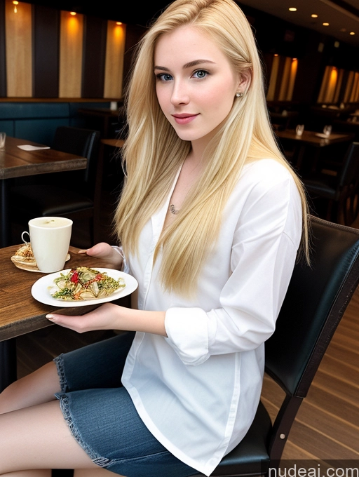 ai nude image of blonde woman sitting at a table with a plate of food and a cup of coffee pics of Woman One Beautiful Fairer Skin 18 Sexy Face Blonde Long Hair Restaurant Casual