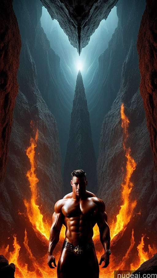 ai nude image of arafed man standing in front of a mountain with a fire in the background pics of Bodybuilder Several Busty Muscular Abs Perfect Body Bright Lighting Surrealist Hell Devil