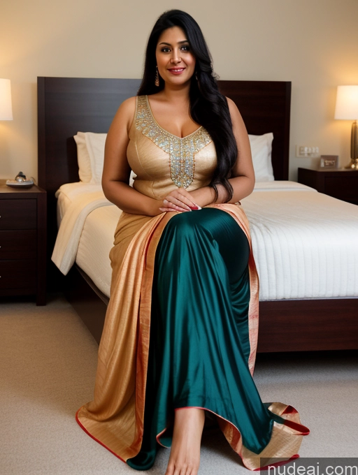 ai nude image of woman sitting on a bed in a green and gold dress pics of One Woman Long Legs Chubby Perfect Boobs 40s Black Hair Long Hair Native American Bedroom Salwar Close-up View Nightgown