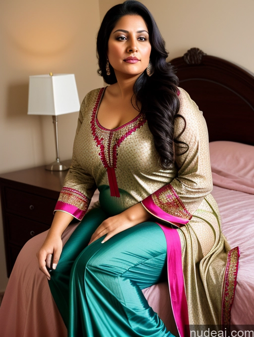 ai nude image of araffe woman sitting on a bed in a green and pink outfit pics of One Woman Chubby Perfect Boobs 40s Black Hair Long Hair Native American Bedroom Salwar Close-up View Nightgown