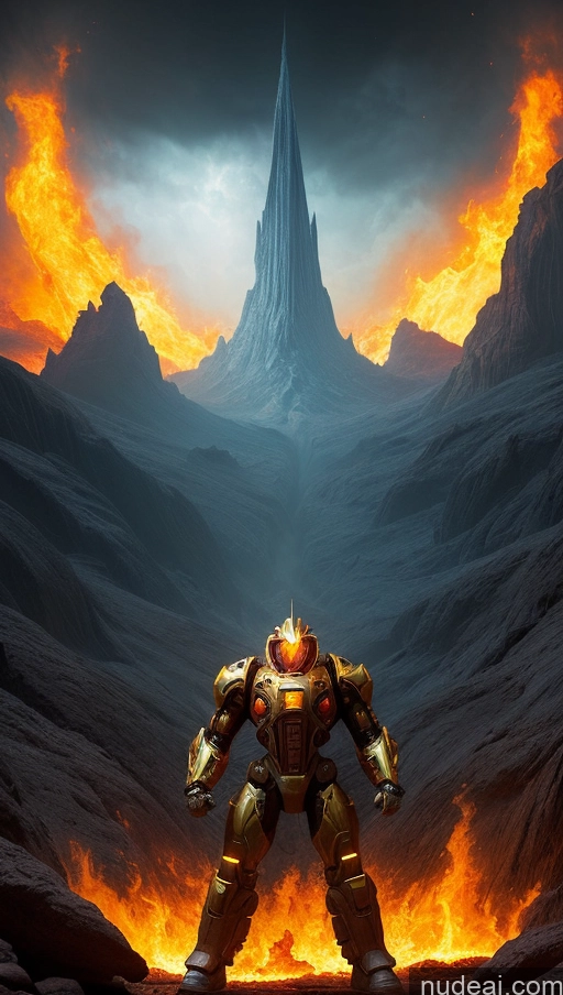 ai nude image of there is a man standing in front of a mountain with a fire pics of Several Busty Muscular Abs Perfect Body Bright Lighting Surrealist Hell Bodybuilder Mech Suit