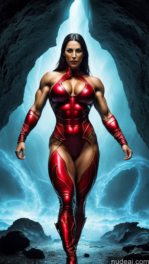 ai nude image of a woman in a red suit is walking through a cave pics of Several Busty Muscular Abs Perfect Body Bright Lighting Surrealist Hell Bodybuilder Superhero