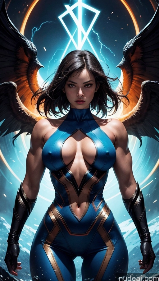 ai nude image of a woman with wings and a blue bodysuit standing in front of a circular light pics of Several Busty Muscular Abs Perfect Body Bright Lighting Surrealist Hell Superhero Superheroine Dynamic View Powering Up