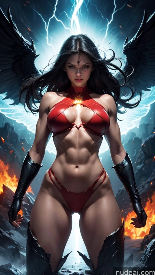 ai nude image of a woman in a red bikini and black gloves standing in front of a lightning pics of Several Busty Muscular Abs Perfect Body Bright Lighting Surrealist Hell Superhero Superheroine Dynamic View Powering Up