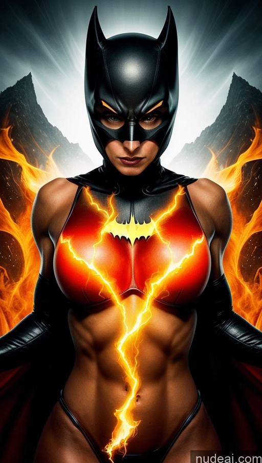 ai nude image of batmangirl is a female superhero with a red cape and a black mask pics of Several Busty Muscular Abs Perfect Body Bright Lighting Surrealist Bodybuilder Hell Batwoman