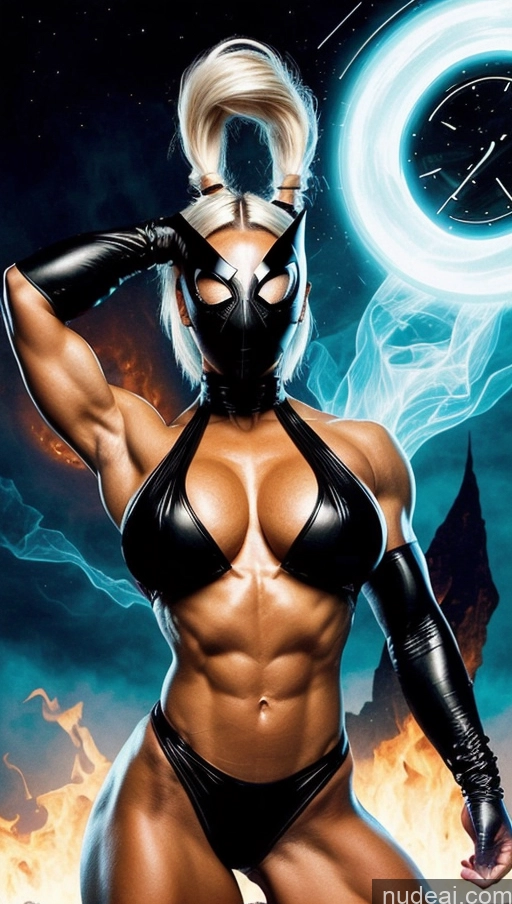 ai nude image of a close up of a person in a costume with a clock pics of Several Busty Muscular Abs Perfect Body Bright Lighting Surrealist Bodybuilder Hell Black Cat