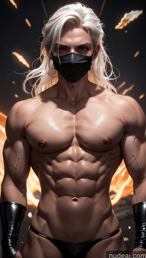 ai nude image of arafed male with a mask and gloves posing in front of a fire pics of Several Busty Muscular Abs Perfect Body Bright Lighting Surrealist Bodybuilder Hell Black Cat