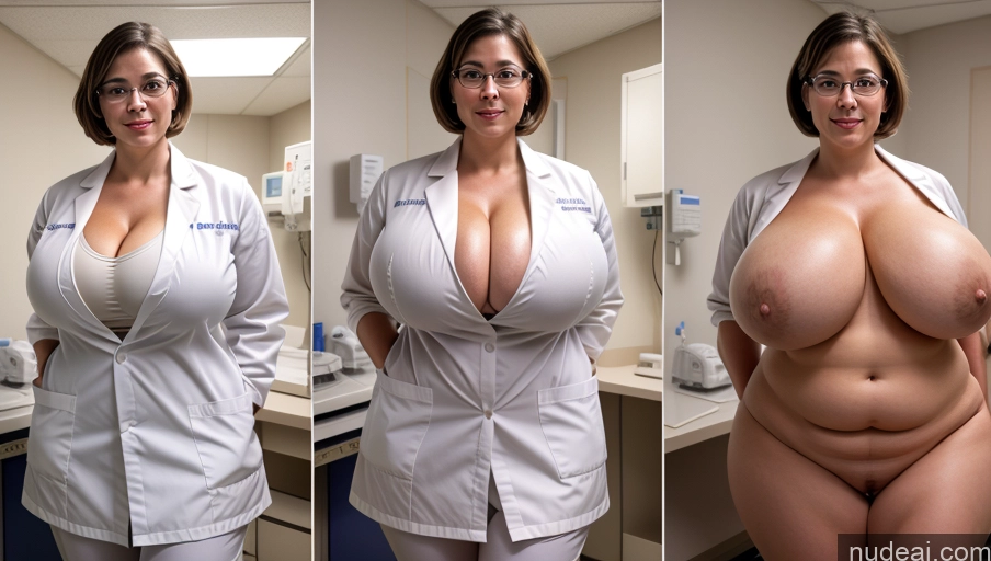 ai nude image of arafed woman in a lab coat posing for a picture pics of Woman One Busty Huge Boobs Glasses 40s Laughing Brunette Short Hair White Film Photo Hospital T-pose Lab Coat Onoff