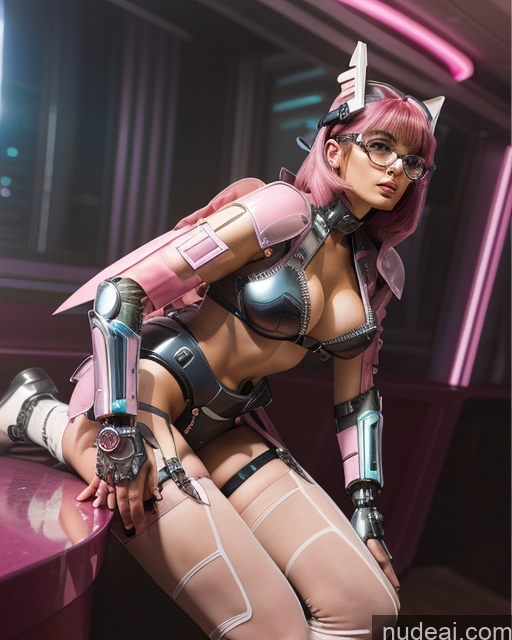 ai nude image of there is a woman in a cosplay outfit posing for a picture pics of Model Perfect Boobs Beautiful Glasses Big Ass Chubby Tanned Skin 20s Seductive Pink Hair Bangs White Strip Club Front View Nude Stockings Topless Detailed Cyberpunk Graphics SuperMecha: A-Mecha Musume A素体机娘 Goth Gals V2 Futuristic