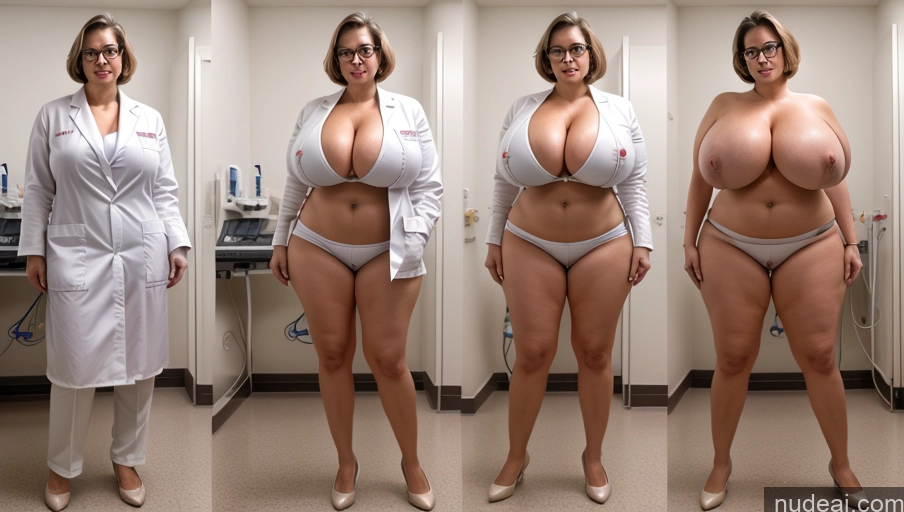 ai nude image of arafed woman in a white lab coat and glasses standing in a hospital room pics of One Busty Huge Boobs Glasses 40s Laughing Brunette Short Hair White Film Photo Hospital T-pose Lab Coat Onoff Miss Universe Model Skinny