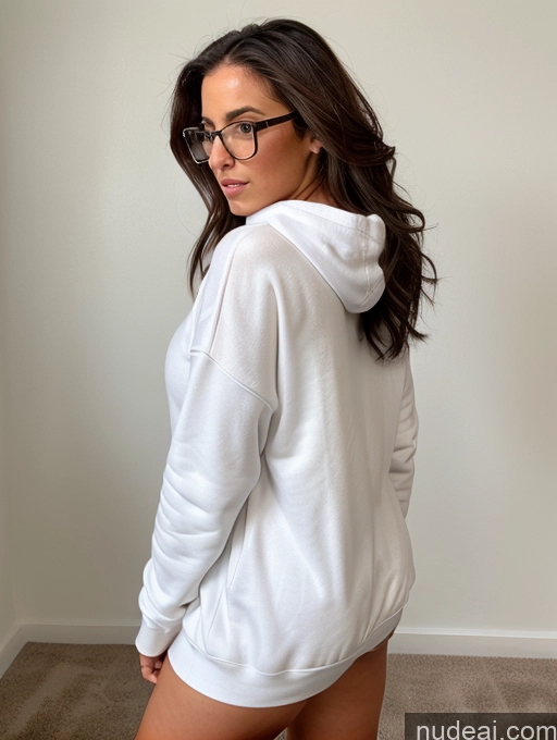 Athlete Busty Beautiful Glasses Thick Big Hips Perfect Body Long Hair 20s Brunette White Detailed Sexy Face Oversized Sweater/Hoodie Skinny Front View