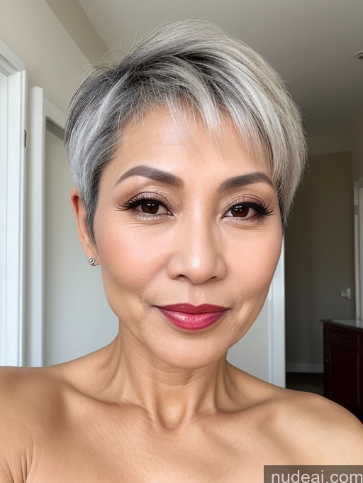 ai nude image of there is a woman with a very short hair and a pink lipstick pics of Beautiful Sexy Face Milf 50s Vietnamese Cumshot Lipstick Pixie