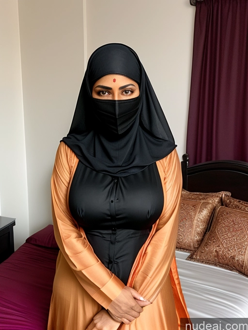 ai nude image of woman in black and orange dress standing in front of a bed pics of Milf Perfect Boobs 40s Black Hair Long Hair Indian Bedroom Niqab Salwar