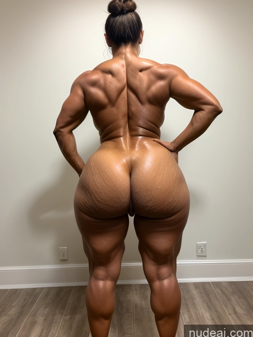 ai nude image of arafed woman with a big ass standing in a room pics of Oiled Body Chubby Muscular Milf 50s Hair Bun Nude High Heels Bending Over Back View Pubic Hair Big Ass