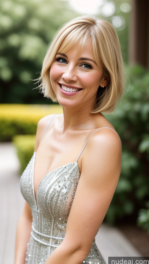 ai nude image of blond woman in a silver dress smiling and posing for a picture pics of Woman Skinny Happy Front View Detailed 40s Blonde Bobcut Dress