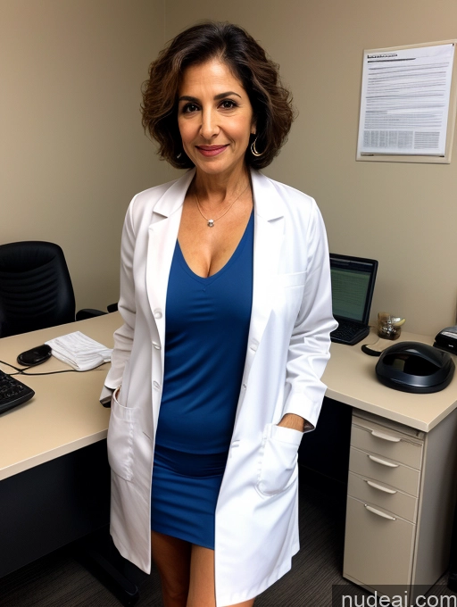 ai nude image of woman in a blue dress and white lab coat standing in front of a computer pics of Milf Two Beautiful 70s Office Bra Casual Doctor Cleavage Partially Nude Dark Lighting Detailed Sexy Face Arabic Short Hair Perfect Body Perfect Boobs Pubic Hair Lab Coat