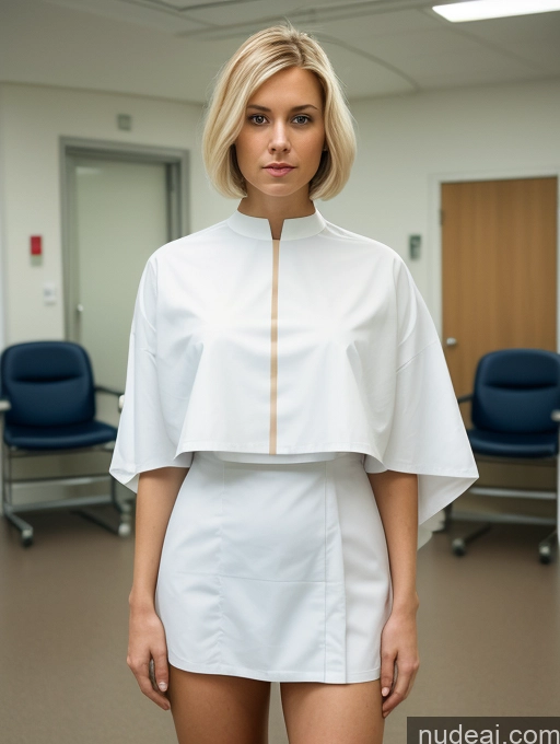 ai nude image of blond woman in white dress standing in a hospital room with chairs pics of Woman Perfect Body 20s Soft + Warm Front View Blonde Scandinavian T-pose Nun Serious Short Hair Hospital