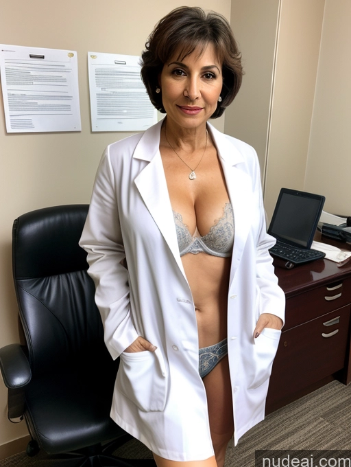 ai nude image of arafed woman in a lab coat posing in an office pics of Milf Two Beautiful 70s Office Bra Casual Doctor Cleavage Partially Nude Dark Lighting Detailed Sexy Face Arabic Short Hair Perfect Body Perfect Boobs Pubic Hair Lab Coat