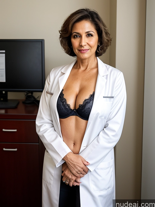 ai nude image of arafed woman in a lab coat posing for a picture pics of Milf Two Beautiful 70s Office Bra Casual Doctor Cleavage Partially Nude Dark Lighting Detailed Sexy Face Arabic Short Hair Perfect Body Perfect Boobs Pubic Hair Lab Coat