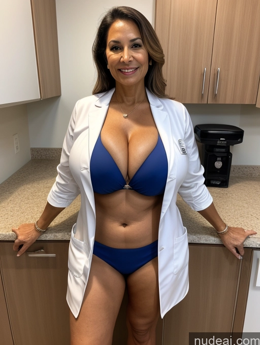 ai nude image of arafed woman in a blue bikini and white lab coat posing for a picture pics of Milf One Busty Huge Boobs Tanned Skin 70s Front View Microkini Thong Brazilian Doctor Lab Coat