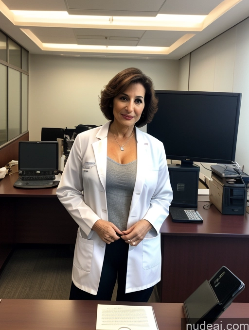 ai nude image of woman in white lab coat standing in front of a desk with computers pics of Milf Two Beautiful 70s Office Bra Casual Doctor Cleavage Partially Nude Dark Lighting Detailed Sexy Face Arabic Short Hair Perfect Body Perfect Boobs Pubic Hair Lab Coat