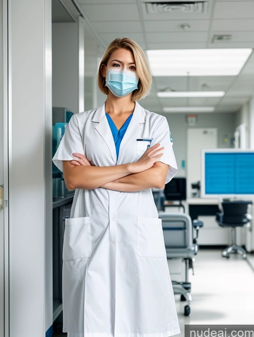 ai nude image of arafed female doctor in a white coat and blue scrub mask pics of Woman Perfect Body Soft + Warm Front View Blonde Scandinavian T-pose Serious Short Hair Hospital Nurse Pubic Hair Perfect Boobs Beautiful 30s Nude Face Mask Lab Coat