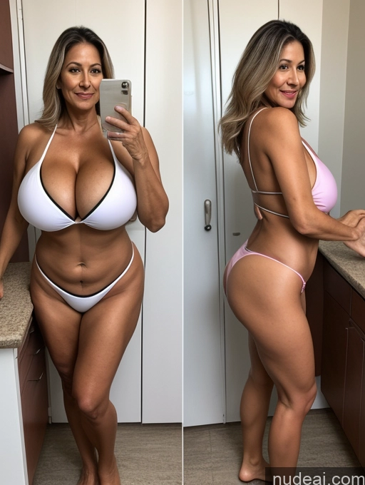 ai nude image of arafed woman in a white bikini taking a selfie in a kitchen pics of Milf Huge Boobs Tanned Skin 70s Microkini Thong Front View One Brazilian Lab Coat Professor Busty