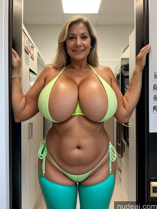 ai nude image of arafed woman in a green bikini posing in a hallway pics of Milf One Busty Huge Boobs Tanned Skin 70s Front View Microkini Thong Brazilian Lab Coat Professor