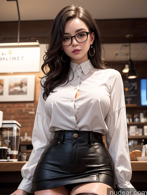 ai nude image of there is a woman in a skirt and glasses posing for a picture pics of Athlete Busty Beautiful Glasses Big Hips Perfect Body Brunette Messy White Cafe Blouse Mini Skirt Thigh Socks Detailed Sexy Face 30s Thick