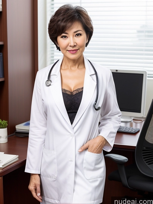 ai nude image of arafed woman in a lab coat standing in front of a computer pics of Milf Two Perfect Boobs Perfect Body Pubic Hair Short Hair Chinese Office Doctor Lab Coat Cleavage Dark Lighting Sexy Face 70s