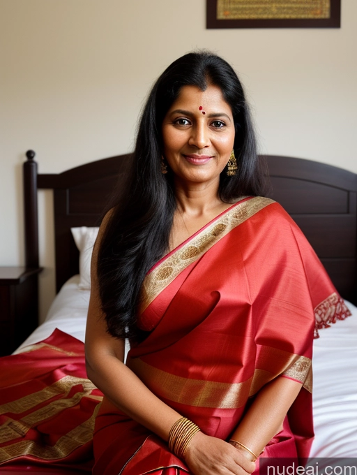 ai nude image of smiling woman in red sari sitting on a bed in a hotel room pics of Black Hair Long Hair Bedroom Sari Traditional Close-up View 50s