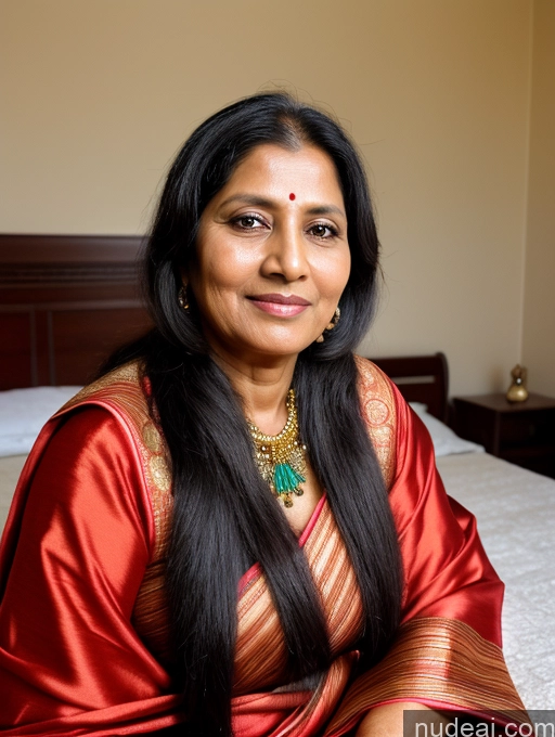 ai nude image of smiling woman in red sari sitting on a bed with a gold necklace pics of Black Hair Long Hair Bedroom Sari Traditional Close-up View 50s Milf