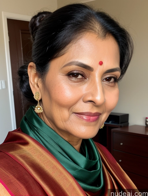 ai nude image of smiling woman in a green and red sari with gold earrings pics of Black Hair Bedroom Sari Close-up View 50s Milf Hair Bun