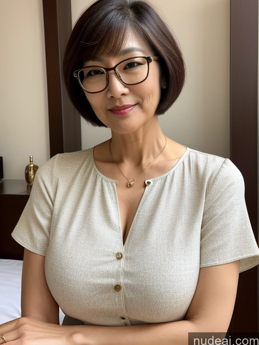 ai nude image of there is a woman with glasses sitting on a bed with a white shirt pics of Milf Short Hair Korean Blouse Stylish Glasses Perfect Boobs Perfect Body