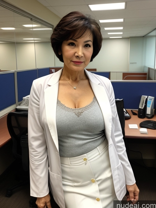 ai nude image of woman in white jacket and skirt posing for picture in office pics of Milf Two Perfect Boobs Perfect Body Pubic Hair Short Hair 80s Chinese Office Doctor Lab Coat Cleavage Dark Lighting Sexy Face