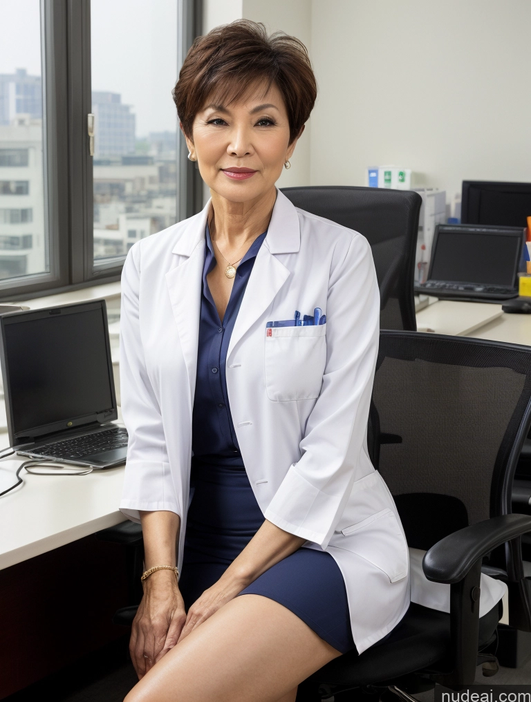 ai nude image of woman in white lab coat sitting on chair in front of computer desk pics of Milf Two Perfect Boobs Perfect Body Pubic Hair Short Hair 80s Chinese Office Doctor Lab Coat Cleavage Dark Lighting Sexy Face