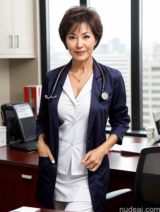 ai nude image of arafed woman in a blue jacket and white shirt standing in an office pics of Milf Two Perfect Boobs Perfect Body Pubic Hair Short Hair Chinese Office Doctor Lab Coat Cleavage Dark Lighting Sexy Face 70s