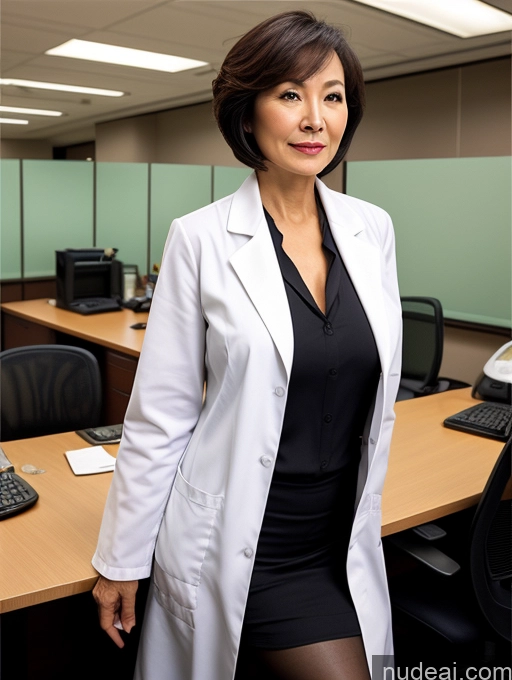 ai nude image of woman in a lab coat standing in an office with a desk and computer pics of Milf Two Perfect Boobs Perfect Body Pubic Hair Short Hair Chinese Office Doctor Lab Coat Cleavage Dark Lighting Sexy Face 70s