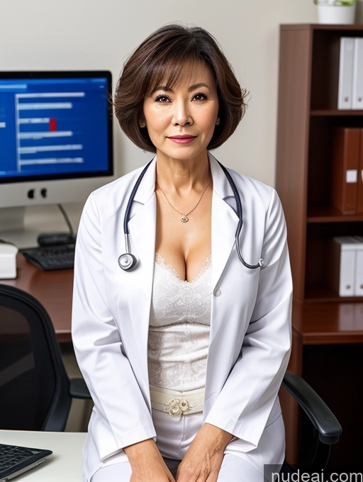 ai nude image of arafed woman in a white lab coat sitting in front of a computer pics of Milf Two Perfect Boobs Perfect Body Pubic Hair Short Hair Chinese Office Doctor Lab Coat Cleavage Dark Lighting Sexy Face 70s