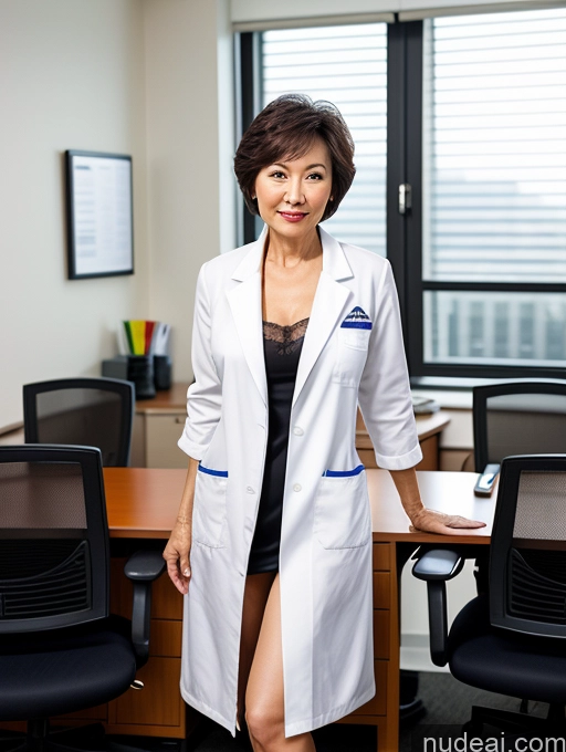 ai nude image of woman in white lab coat standing in front of a desk with chairs pics of Milf Two Perfect Boobs Perfect Body Pubic Hair Short Hair Chinese Office Doctor Lab Coat Cleavage Dark Lighting Sexy Face 70s