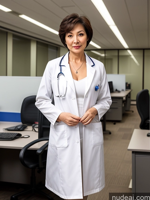 ai nude image of arafed woman in a lab coat standing in an office pics of Milf Two Perfect Boobs Perfect Body Pubic Hair Short Hair Chinese Office Doctor Lab Coat Cleavage Dark Lighting Sexy Face 70s