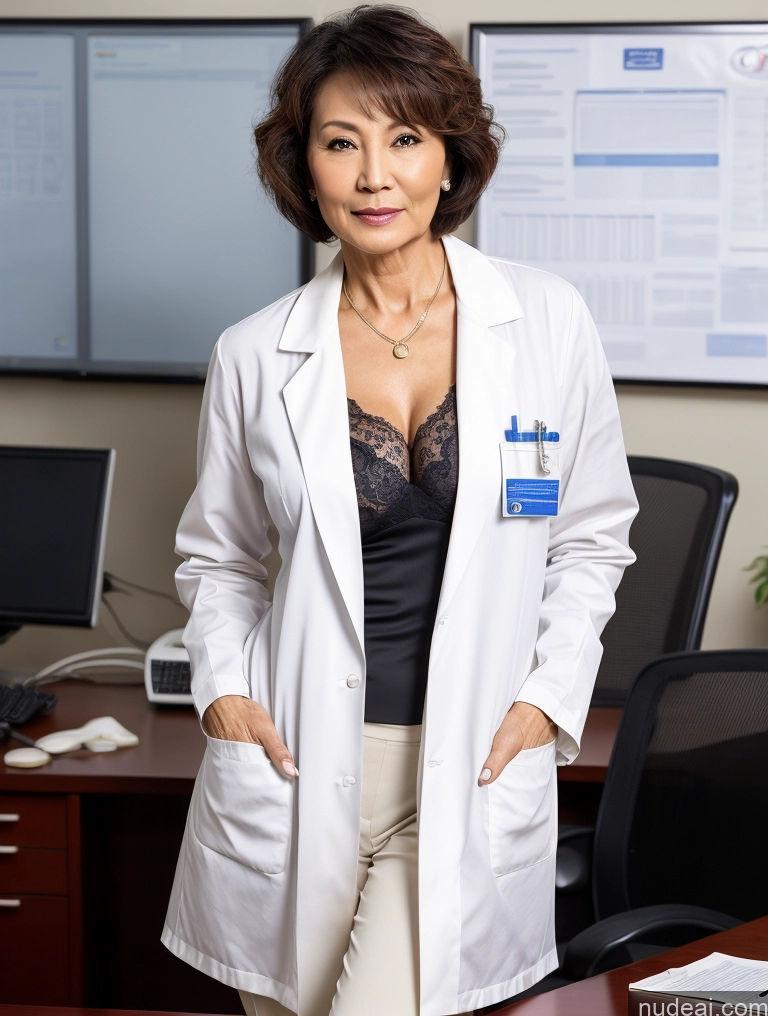 ai nude image of arafed woman in a lab coat standing in front of a desk pics of Milf Two Perfect Boobs Perfect Body Pubic Hair Short Hair Chinese Office Doctor Lab Coat Cleavage Dark Lighting Sexy Face 70s